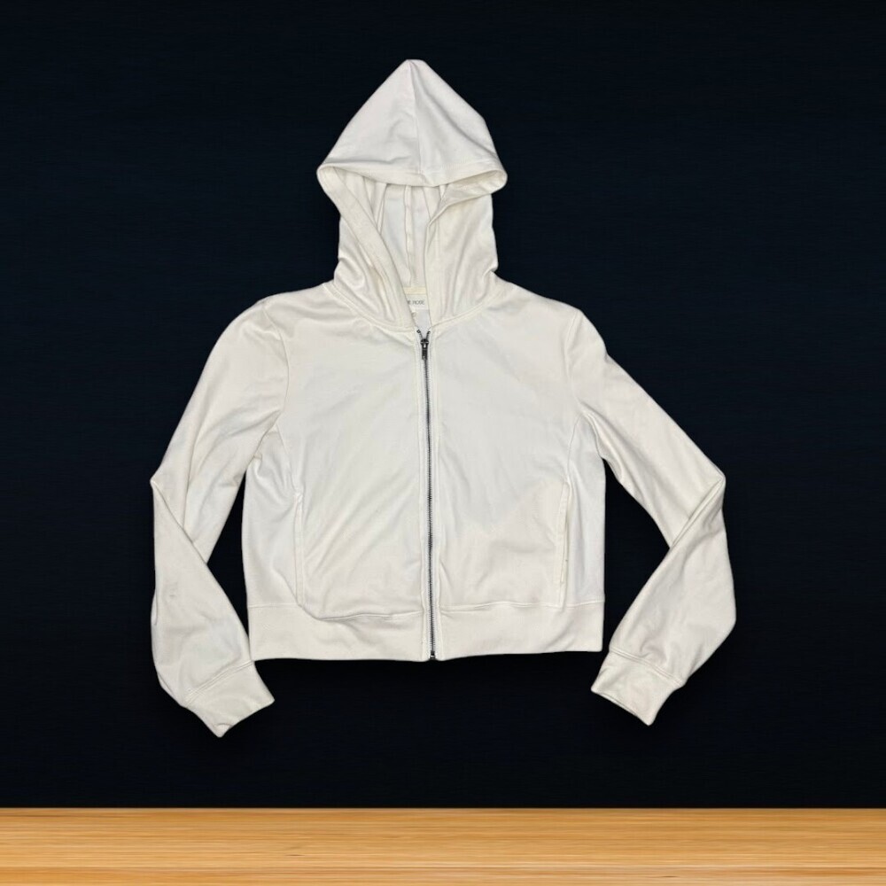 White Cropped Zip Up Hoodie Lightweight Long Sleeve Casual Women’s Medium